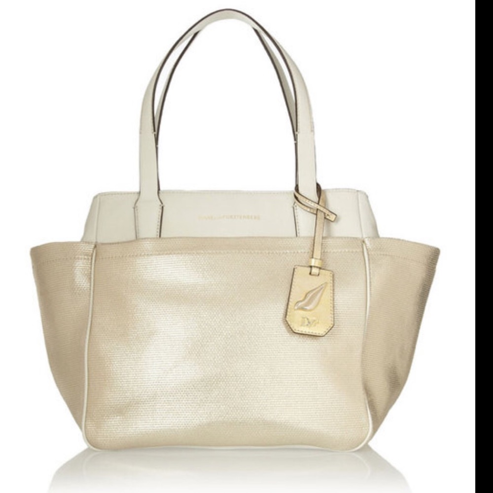 Diane von Furstenberg DVF OnThe Go Tote Shoulder Bag Raffia Satchel Leather Gold